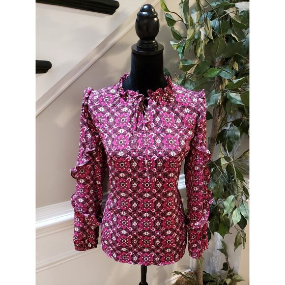 loft Tops - LOFT Blouse Women’s MP Pink Floral Ruffle Long Sleeve Lightweight Top